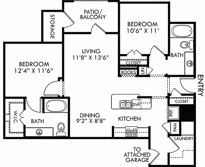 Floor plan for 2 beds, 2 baths, 1000 sqft